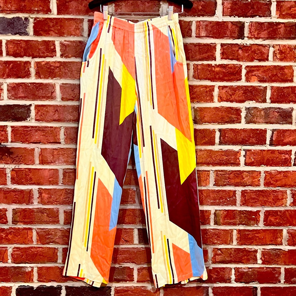 Soft Surroundings geometric print silky/ satin pants. Orange yellow brown cream